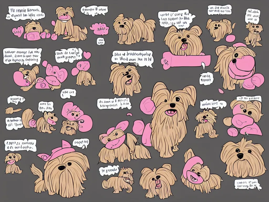 Prompt: a comic strip of a smiling black and caramel Yorkshire Terrier, a pink rubber monkey in front of a simply sketch background , courtroom art, art by Mauricio de Sousa