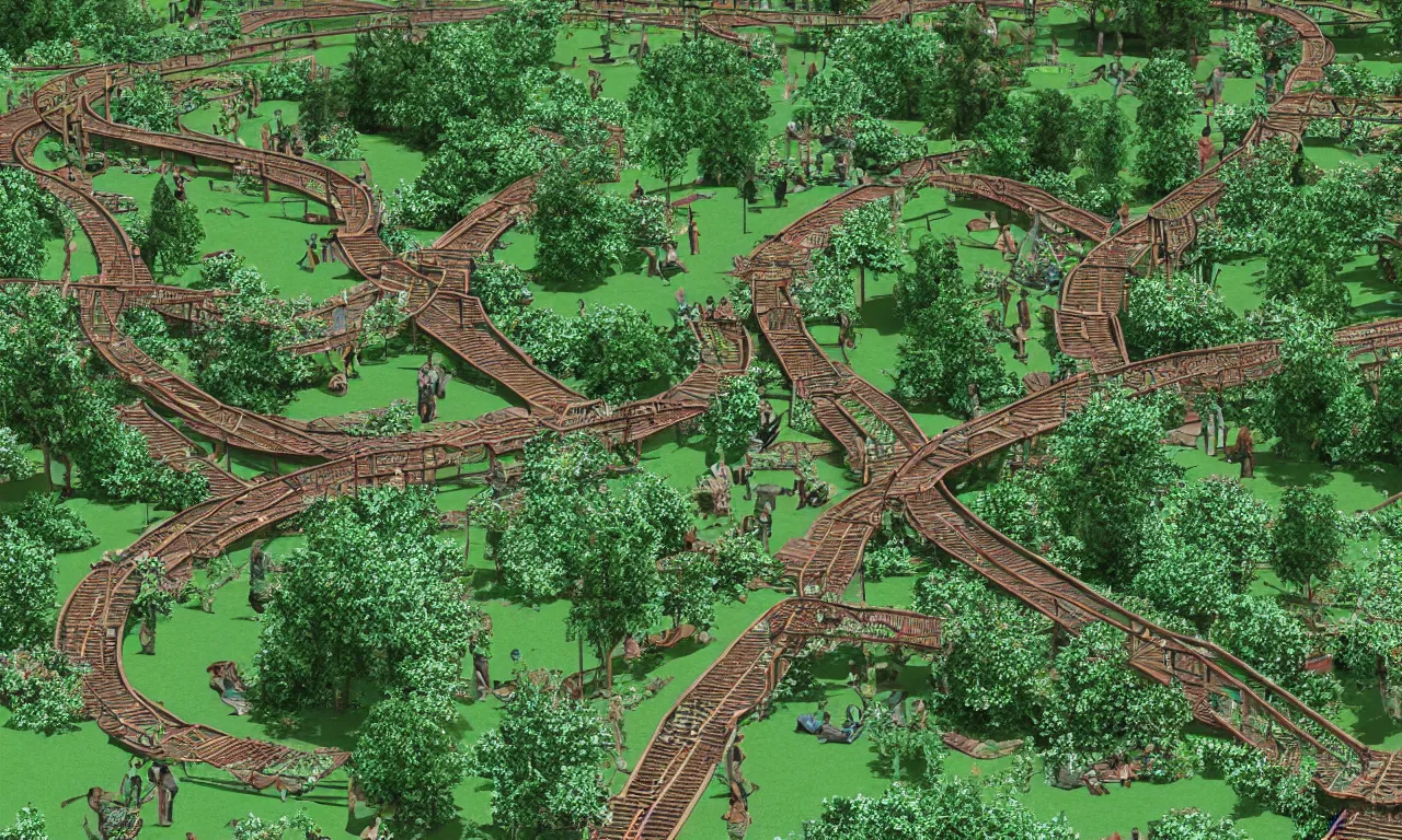 Prompt: english park maze ancient train pathways and walkers, photorealistic 3d rendering