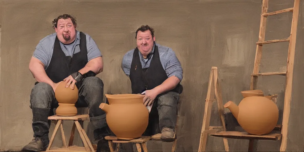 Prompt: johnny vegas sitting on top of a ladder making a giant clay teapot, art school, studio, photorealistic