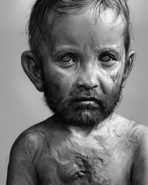 Image similar to portrait of a 5 year old child, with old wrinkly skin and a scruffy beard, very detailed eyes, hyperrealistic, very detailed painting by Joao Ruas, by Artgerm