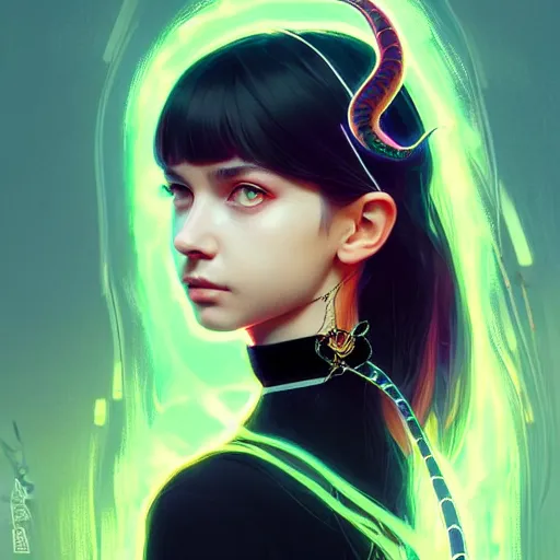 Image similar to longshot of a pretty girl wearing a black choker holding a snake, intricate, bright colors, sharp focus, illustration, highly detailed, concept art, matte, trending on artstation, anime, art by wlop and artgerm and greg rutkowski, ilya kuvshinov, strong strokes, h 6 4 0