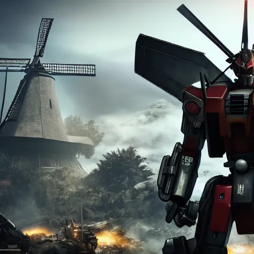 Image similar to gundam as dutch windmill in gears of war, splash art, movie still, cinematic lighting, ray tracing, octane render, long lens, shallow depth of field, bokeh, anamorphic lens flare, 8 k, hyper detailed, 3 5 mm film grain