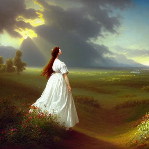 Prompt: a beautiful portrait of a woman in a white cotton dress pondering life as she watches the sun set, nature, field of wild flowers, deviantart, fantasy art, sunrays shine upon it, deviantart, mystical, art style by claude joseph vernet and caspar david friedrich and thomas kinkade