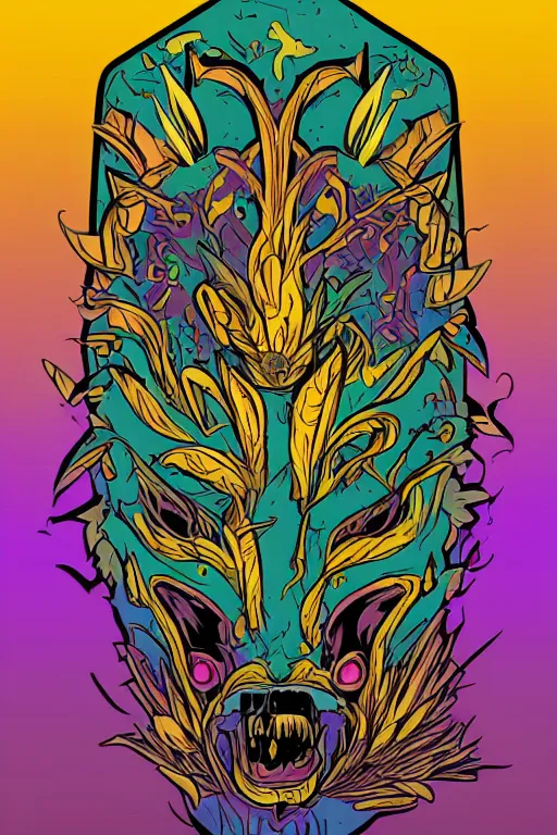 Image similar to animal mask totem roots flower tribal feather gemstone plant wood rock shaman vodoo video game vector cutout illustration vivid multicolor borderlands comics by josan gonzales and dan mumford radiating a glowing aura