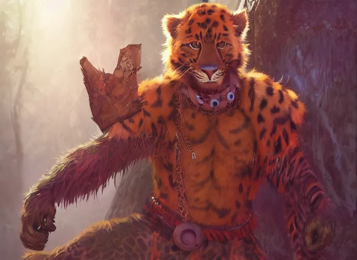 Image similar to character portrait feature of the anthro male anthropomorphic jaguar fursona animal person wearing jaguar fur body shaman tribal outfit robes belt standing in the amazon rainforest, well framed character design stylized by charlie bowater, ross tran, artgerm, makoto shinkai, detailed, soft lighting, rendered in octane