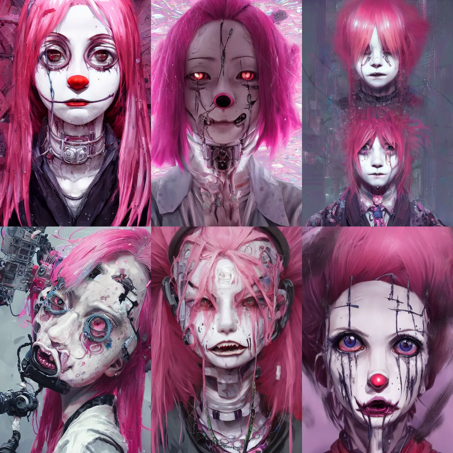 Image similar to by kyoto animation, very creepy clown girl pink hair, tears from the eyes, wearing cyberpunk intricate streetwear, beautiful, detailed portrait, intricate complexity, ilya kuvshinov, cell shaded, 4 k, concept art, by wlop, ilya kuvshinov, greg rutkowski, sharp focus, volumetric lighting, cinematic lighting