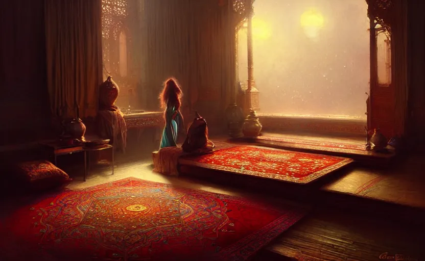 Image similar to magic fluffy Persian carpet dimension, by Greg Rutkowski and Gaston Bussiere, dim lighting, beautiful volumetric-lighting-style atmosphere, surreal atmosphere, intricate, detailed, photorealistic imagery, artstation