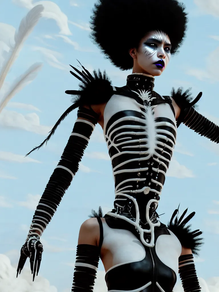 Prompt: one fierce looking beautiful young woman with afro hair and symmetrical white makeup, mad max, black leather straps, wearing intricate bodysuit and headdress made from white bones and black feathers, painted by makoto shinkai, studio ghibli, intricate linework, unreal engine 5 highly rendered, global illumination, radiant light, detailed and intricate environment