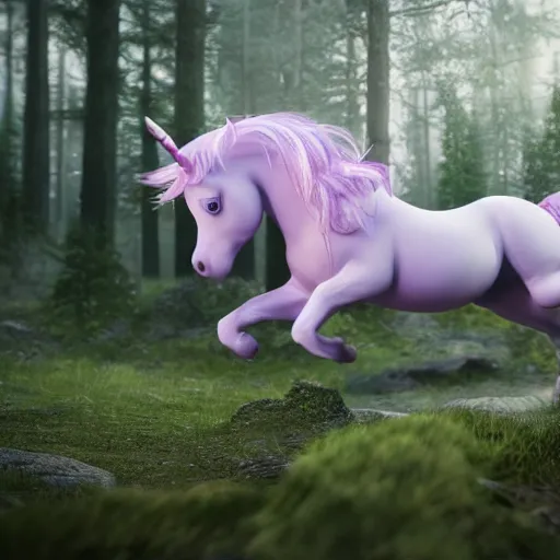 Image similar to realistic octane render 8k of fantasy scene unicorn running in the forest