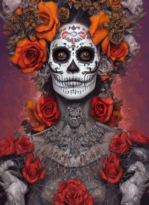 Image similar to digital _ painting _ of _ dia de los muertos _ by _ filipe _ pagliuso _ and _ justin _ gerard _ symmetric _ fantasy _ highly _ detailed _ realistic _ intricate _ port