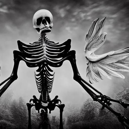 Image similar to Black and white photograph of a big white tall skeleton with wings and horns on the backrooms, 4K, highly detailed, surrealist, weird, strange, uncanny, odd, eerie, mysterious