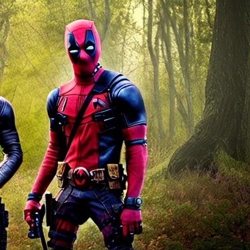 Image similar to deadpool and groot in the woods playing digital art 4 k detailed