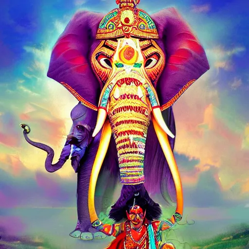 Image similar to lord shiva attaching an elephant head on a human subject, vivid and colorful, cinematic, highly detailed, artstation