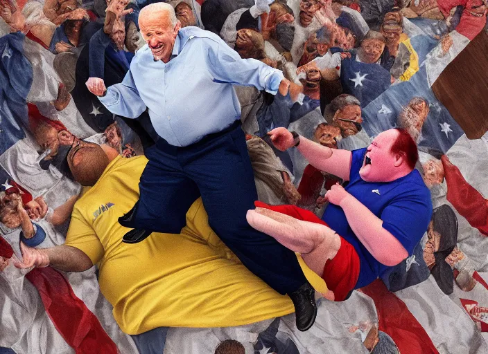 Prompt: Joe Biden kicks a fat man in the face, 8K, high quality render, highly detailed