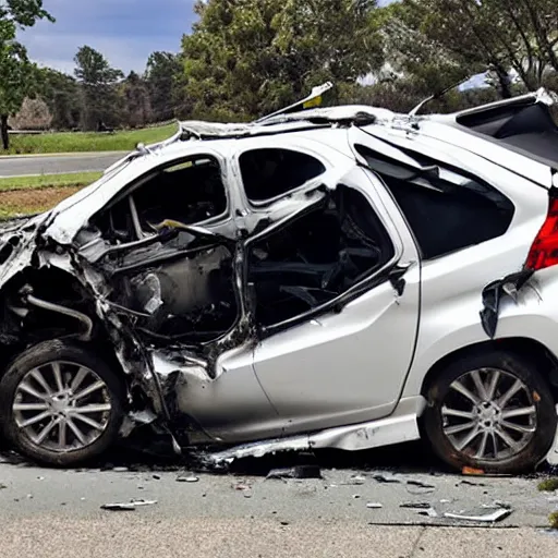 Prompt: 2017 photo of Mitsubishi Ralliart violent crash crumpled metal 1 car accident front side view sunny slightly over cast day