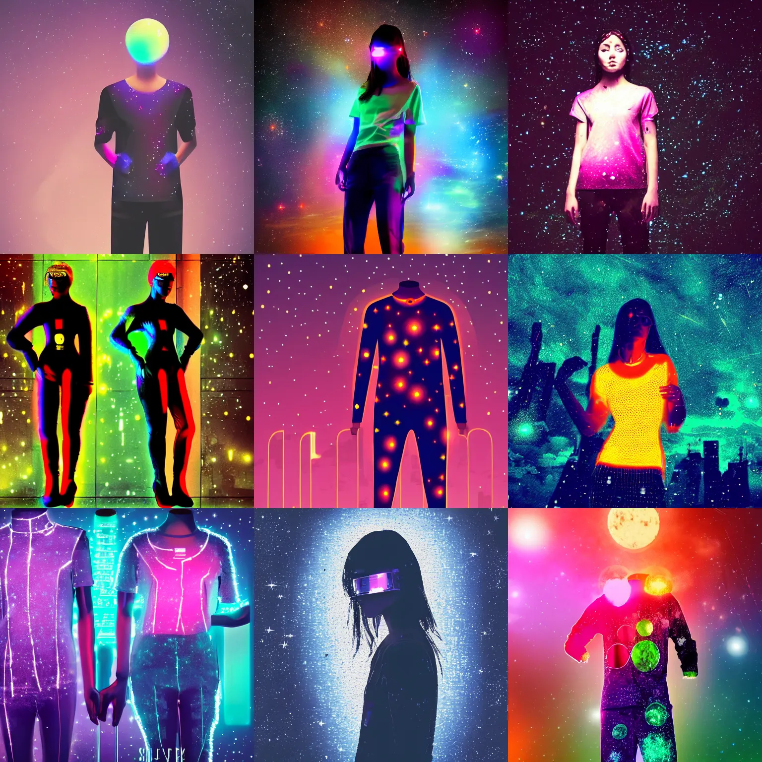 Prompt: glowing clothes with color of the moon::10 with starry background in the style of a cyberpunk postprocessing