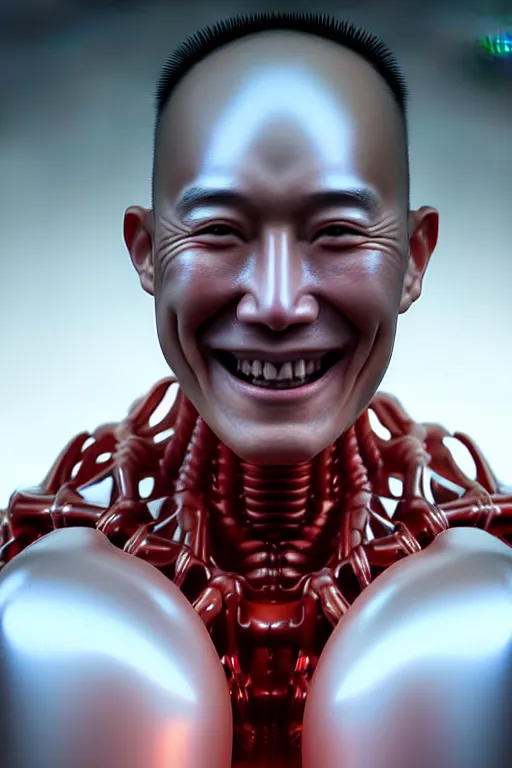 Image similar to hyperrealistic close-up translucent exoskeleton!! smiling chinese man covered highly detailed concept art eric zener elson peter cinematic hard red lighting high angle hd 8k sharp shallow depth of field