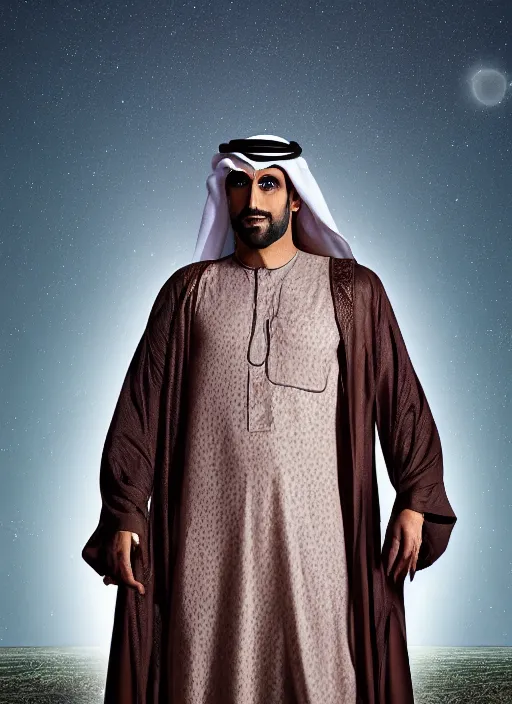 Image similar to portrait of sheikh ruler of dubai, djinn, landscape, swamp, marsh lands, cinematic lighting, studio quality, godly, comic book, 4 k, active, scenic, fury, fiery, dramatic entry