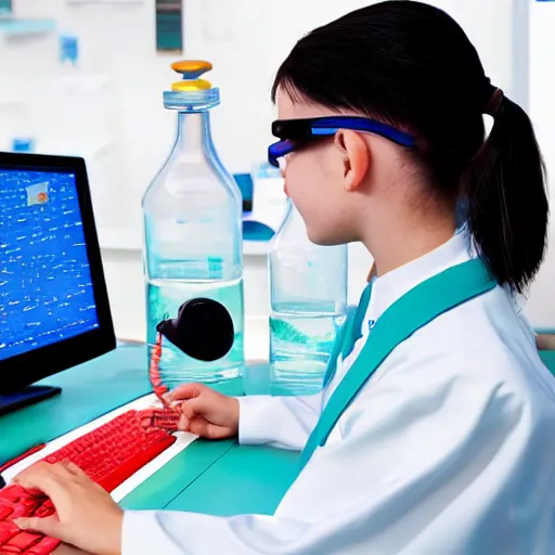 Image similar to A dolphin wearing a chemist outfit playing games on a computer