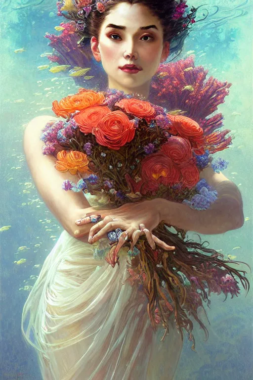 Image similar to portrait of a beautiful mysterious woman holding a bouquet of flowing flowers, hands hidden under the bouquet, underwater filled with coral reef, fantasy, regal, intricate, by stanley artgerm lau, greg rutkowski, thomas kindkade, alphonse mucha, loish, norman rockwell