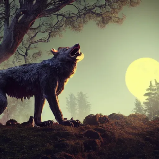 Image similar to full body of a werewolf howling, moonlit, dark, glowing background lighting, hyper detailed, horror fairy tale, 4 k octane render