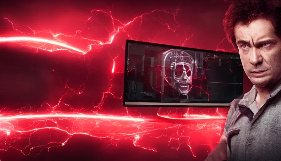 Prompt: big budget action movie about an evil scientist using a computer, a red glow is coming from the screen