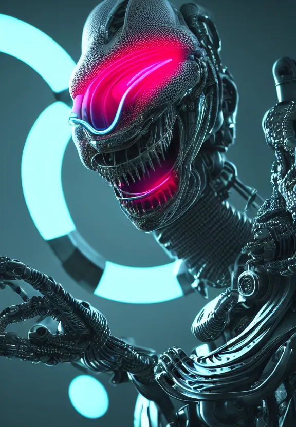 Image similar to ultra realist intricate detailed painting of a single attractive alien male, neon scales and cyborg tech, hyperrealistic, soft lighting, octane render