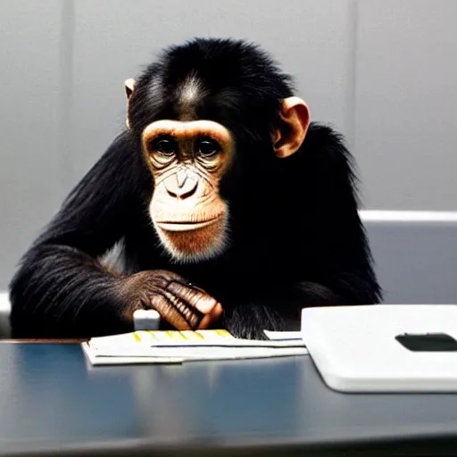 Prompt: chimp in an office job cubicle on computer, 9 0 s photograph