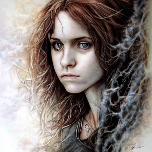 Prompt: dressed Hermione Granger in tattoos, by luis royo, beautiful eyes, Beautiful face, by Aggi Erguna, high detail,high resolution