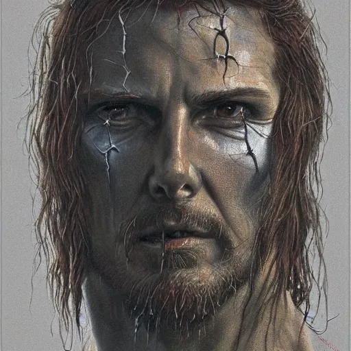 Image similar to portrait of Tom Cruise as demonic Jesus Christ in hood and crown of thorns, three quarter view, dark fantasy, Warhammer, artstation painted by Zdislav Beksinski and Wayne Barlowe