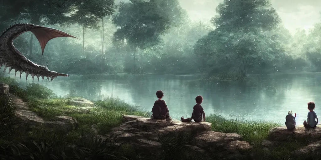 Image similar to a big silver dragon and a boy sitting next to lake in forest, many fireflys, at night, concept art, dof, cryengine, digital art, detailed background, makoto shinkai