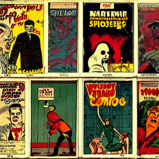 Prompt: vintage horror comic book covers depicting ghosts,