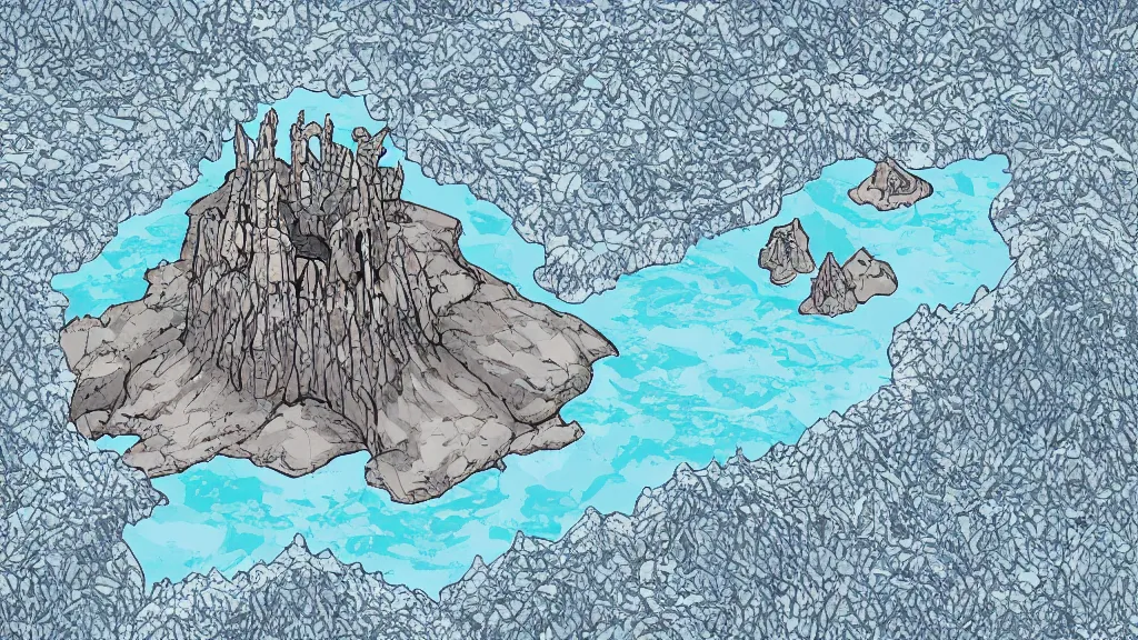 Prompt: Aerial view of a wizard tower surrounded by: 1 an ice cave to the west 2 a fire cave to the east 3 a emerald mine to the north and 4 a diamond mine to the south, lineart, colored