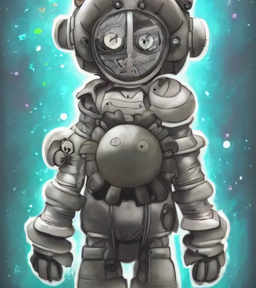 Image similar to beautiful little boy wearing an cyborg bear suit, artwork in kentaro miura and made in abyss and sakimichan, inspired in super bomberman, smooth, beautiful lightness, anatomically correct, trending on pixiv, moon