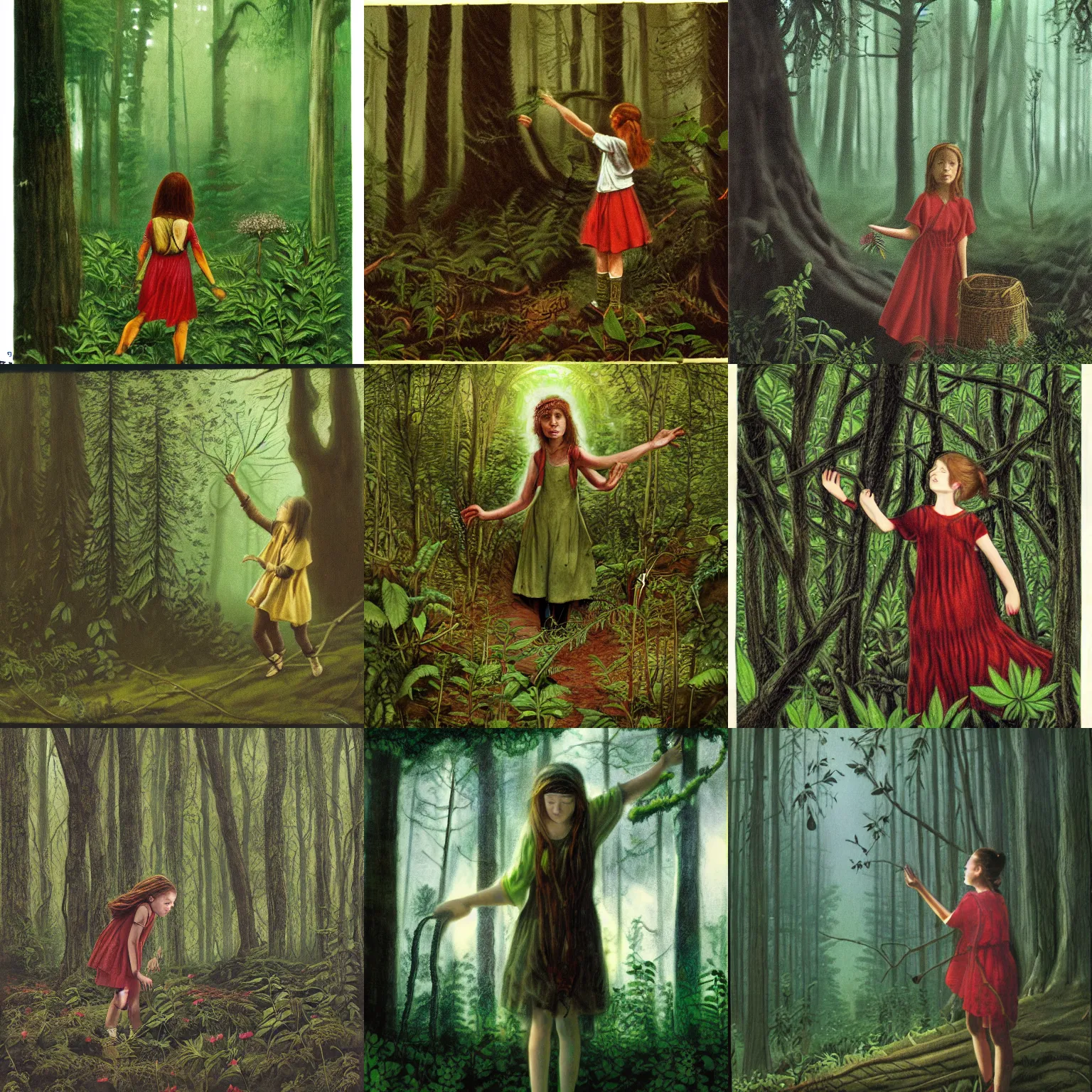 Prompt: a young-girl-druid picking herbs in a vast and terrifying forest, by HR Geiger, David Lynch Lovecraftian