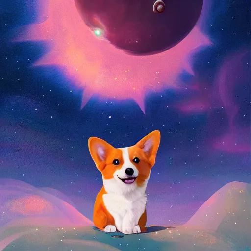 Image similar to adorable corgi puppy in space, starry background, beautiful digital painting by simon stalenhag, magical, intense, cool