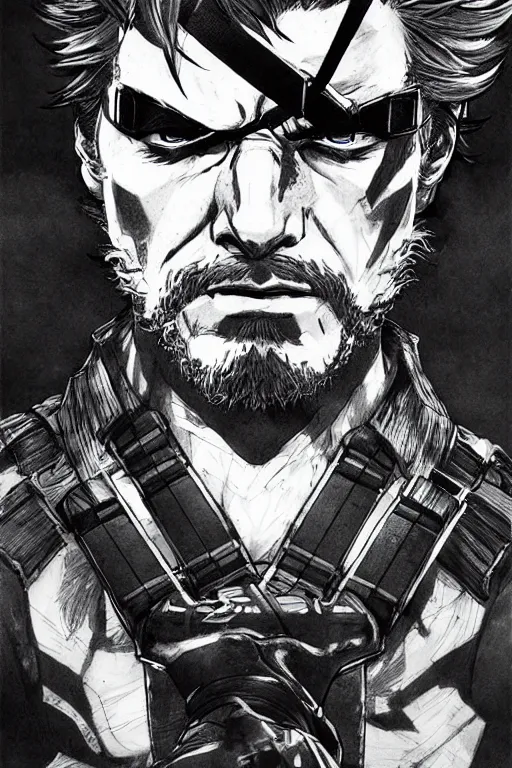 Image similar to solid snake from metal gear, sumi - e style, masterful, ultrafine hyperdetailed illustration, concept art, detailed, intricate linework, art by yoji shinkawa