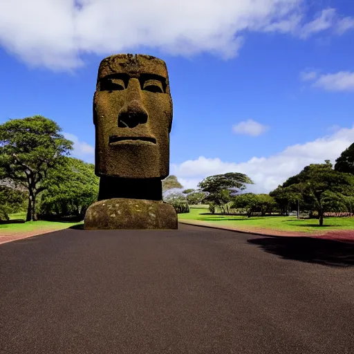 A moai behind a podium giving a speech