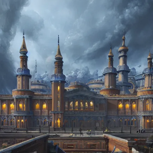 Prompt: a highly detailed painting of the imperial casino academy, lecture halls and gambling dens with minarets, ultrawide lense, aerial photography, unreal engine, exquisite detail, 8 k, art by brandon sanderson and robert jordan