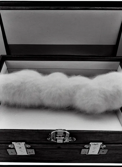 Prompt: realistic photo of white hairy cloud in a wooden box briefcase, front view, grain 1 9 9 0, life magazine reportage photo, metropolitan museum photo