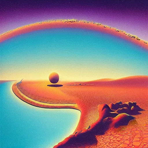 Prompt: a desert and an ocean on a strange planet, by bruce pennington, by sam freio, by thomas rome, by victor mosquera, juxtapoz, behance, dayglo, prismatic, iridescent