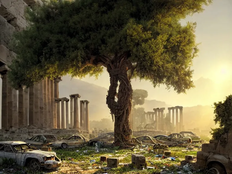 Image similar to tree growing in ancient greek ruins, gray wasteland, many scrap cars, plastic waste, rubble, pillars, flowers, vines, hyperrealistic, highly detailed, cinematic, single ray of golden sunlight, beautiful, cgssociety, artstation, 8 k, oil painting by greg rutkowski, by artgerm, by wlop