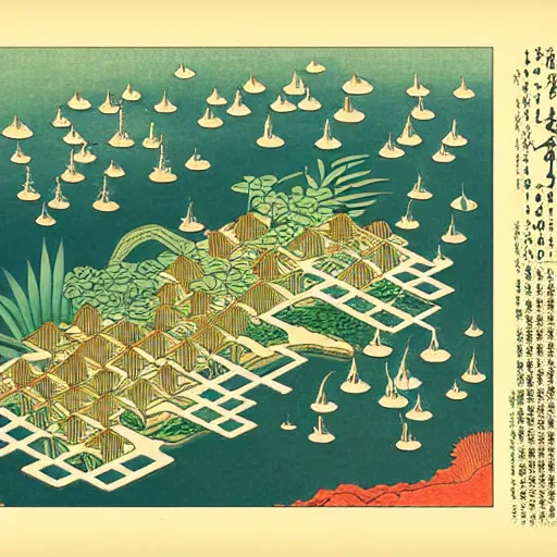 Image similar to 3d isometric botanical illustration of a small city in an island surrounded by water, diego rivera in Ukiyo-e style, HD