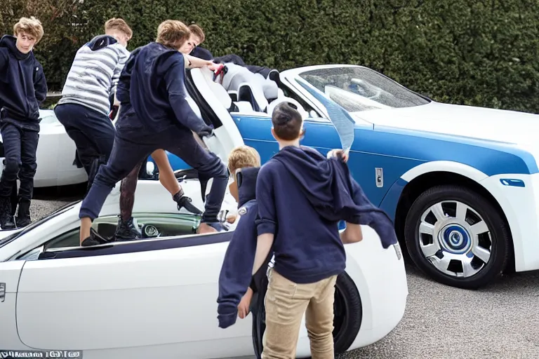 Image similar to A group of teenagers are behind a Rolls-Royce holding him by the boot and pushing him into a white lake from a small slide