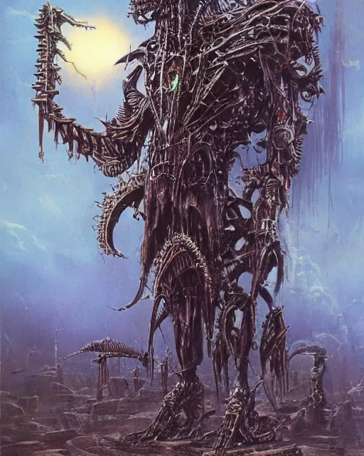 Prompt: biomechanical warhammer final boss creature vecna, art by bruce pennington