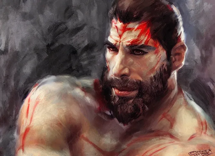 Image similar to a highly detailed beautiful portrait of john travolta as kratos, by gregory manchess, james gurney, james jean