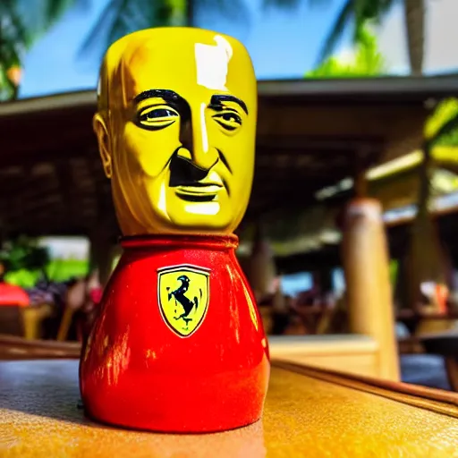 Image similar to a closeup photorealistic photograph of a glossy ferrari themed tiki mug at at an outdoor trader vic's bar featuring the young enzo ferrari's face. tiki theme. bright scene. fine detail. this 4 k hd image is trending on artstation, featured on behance, well - rendered, extra crisp, features intricate detail, epic composition and the style of unreal engine.