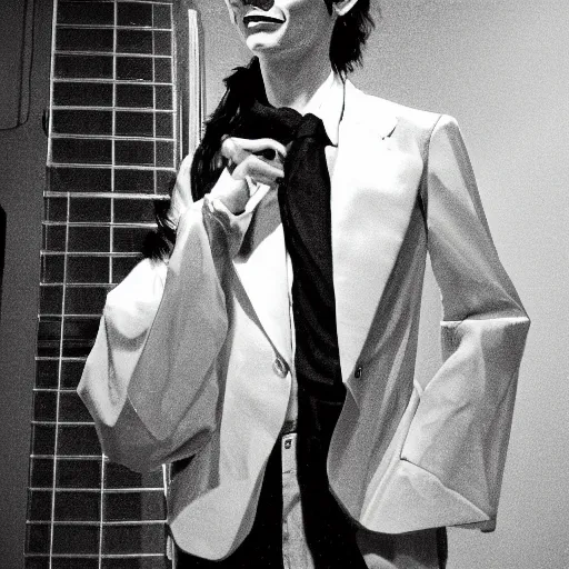 Image similar to A photgraphic portrait of the character, Desire, a tall, smiling androgyne with black hair and a grey pinstripe suit, studio lighting, medium shot, Life Magazine, 1978, Vertigo Comics, The Sandman written by Neil Gaiman, against a stormy sky