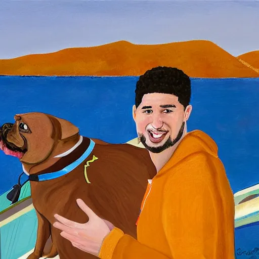 Image similar to klay thompson on a boat with his bulldog, by georgia o'keefe, by mark rothko