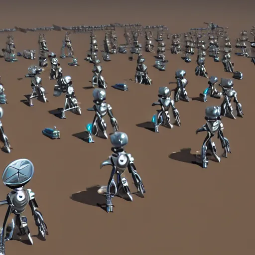 Prompt: army of army of metallic robots in desert, raytracing, 5 5 mm